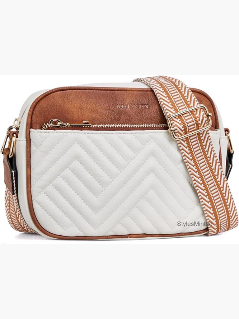 Vegan Leather Quilted Crossbody Bag With Wide Guitar Strap